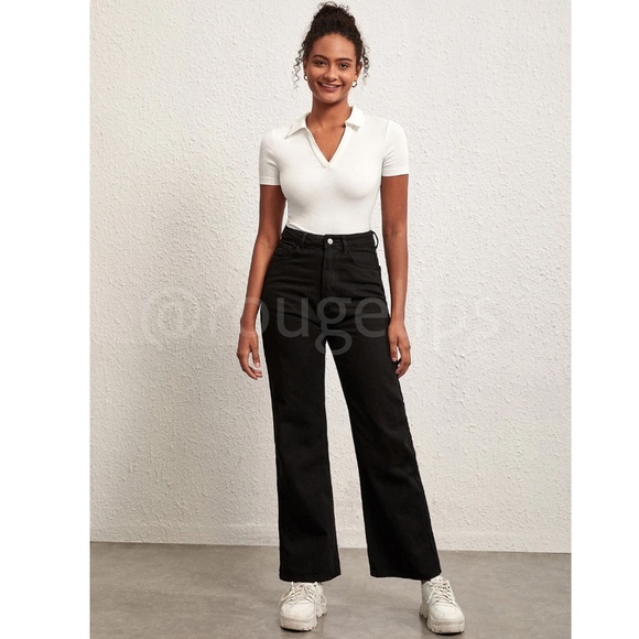 White Rib Knit Polo Fitted V-Neck Tee Shirt, Short Sleeve, Slim - Picture 3 of 11